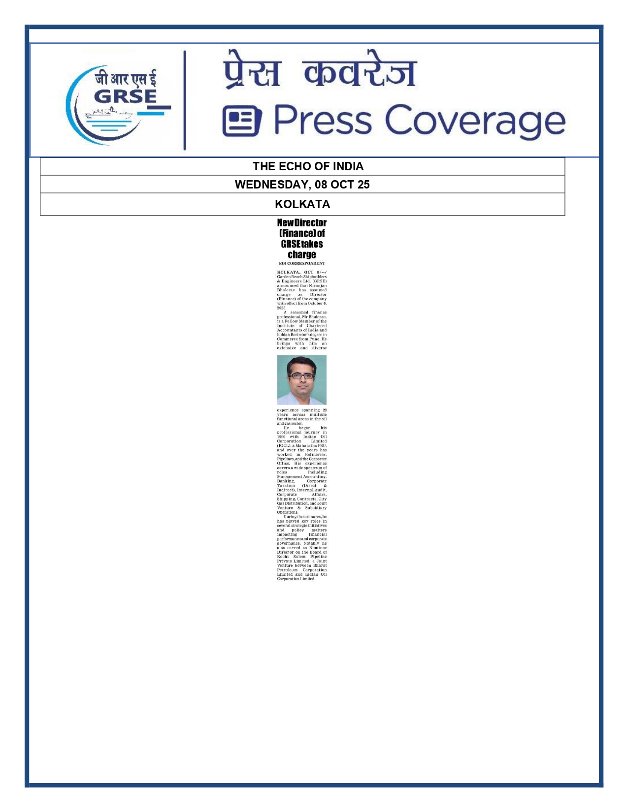 Press Coverage : 08 Oct 25:Shri Niranjan Bhalerao takes over as Director (Finance) of Garden Reach Shipbuilders & Engineers Ltd. (GRSE) 